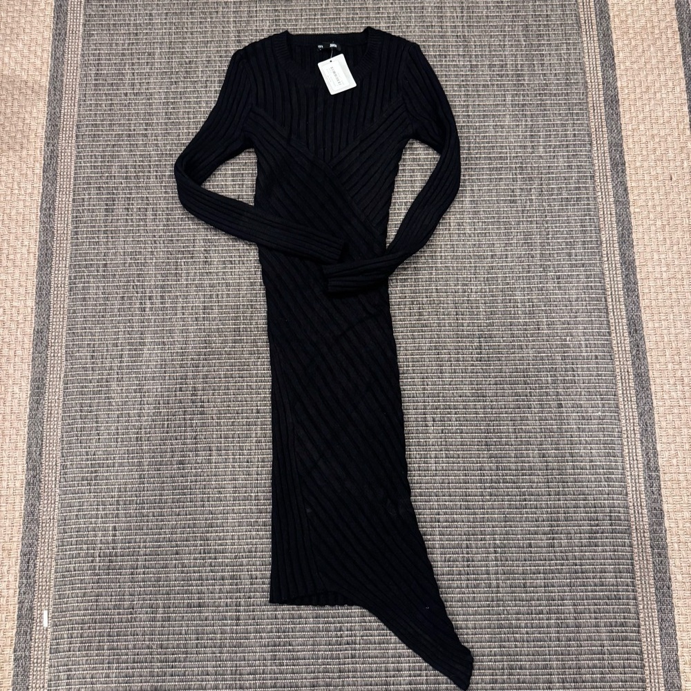 Steve Madden Serina Black Long Sleeve Ribbed Asymmetrical Sweater Dress